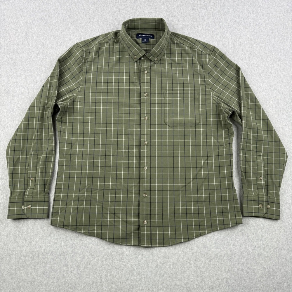 Mizzen Main Shirt Mens XXL Green Plaid Trim Fit Button Down Long Sleeve Pocket